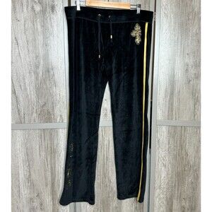 Vtg BCBG Velvet Sweatpants Size XL Tracksuit Bling Embroidered Black Gold
